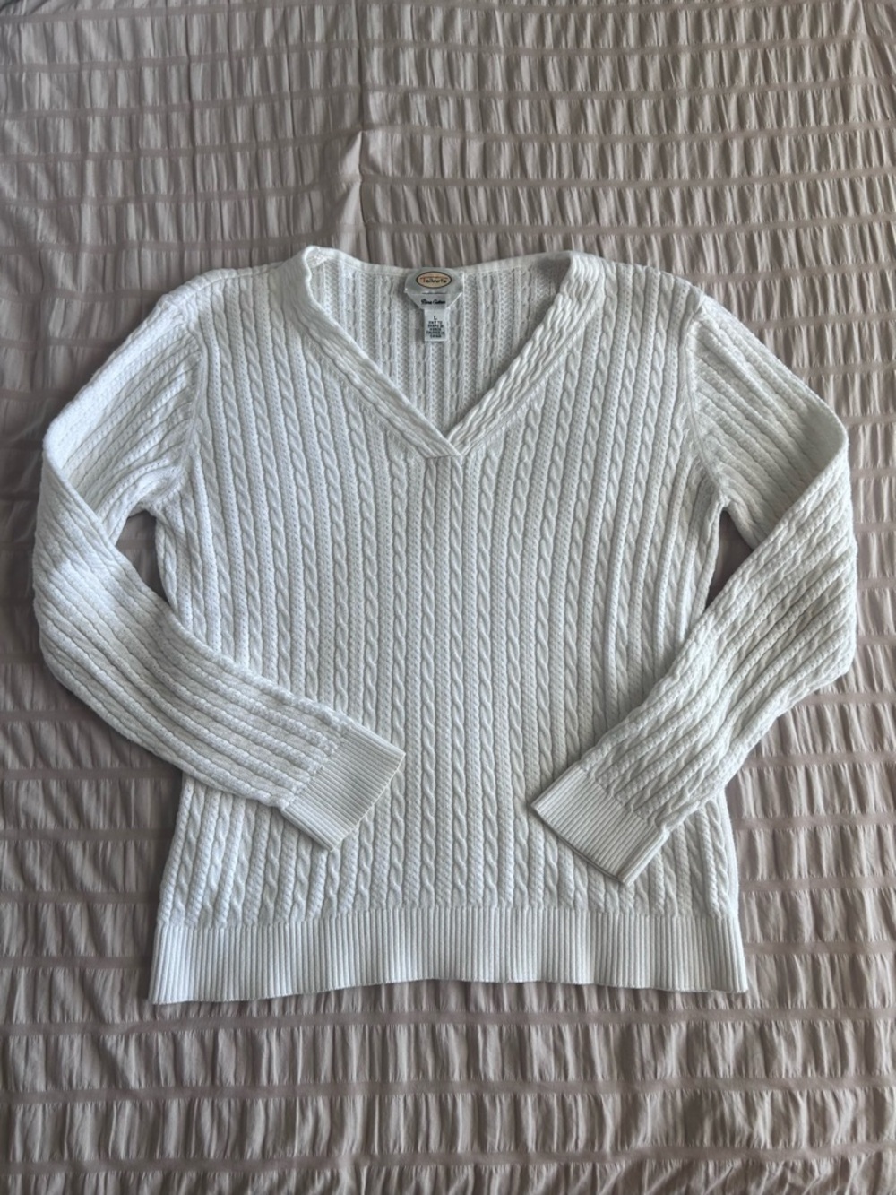Talbots Pina Cotton White Cable Knit V-Neck Sweater (L)